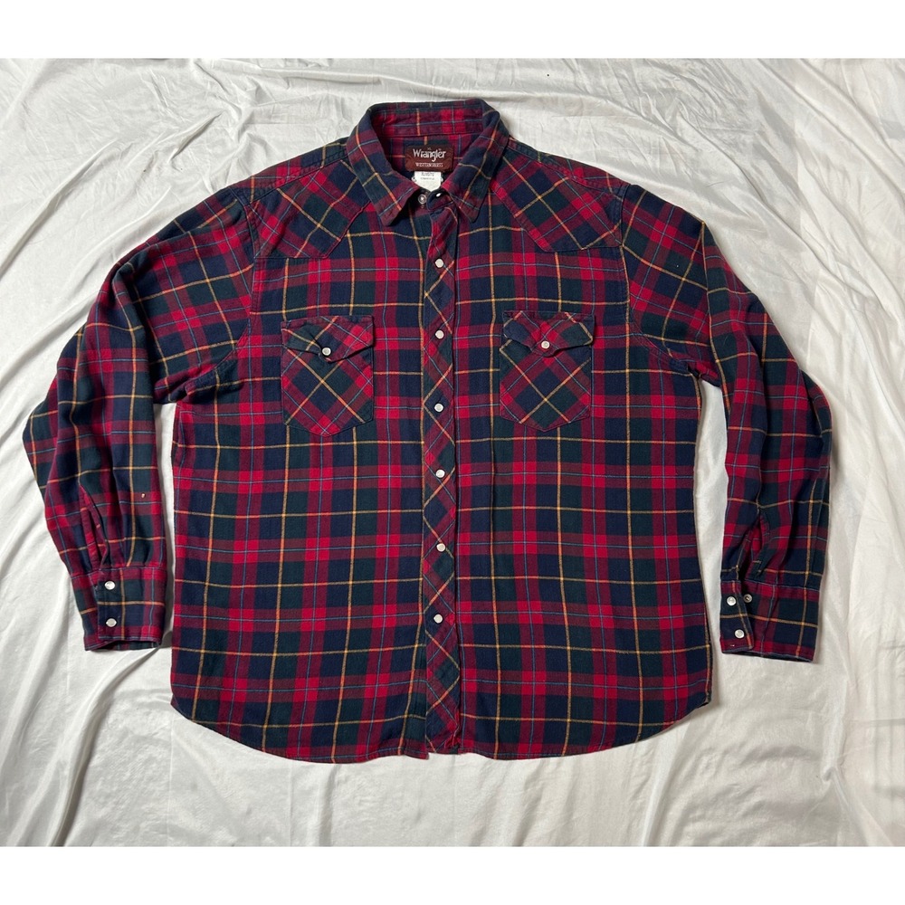 Vintage 90's Wrangler Western Shirt Mens XL Red Plaid Flannel Pearl Snap LS